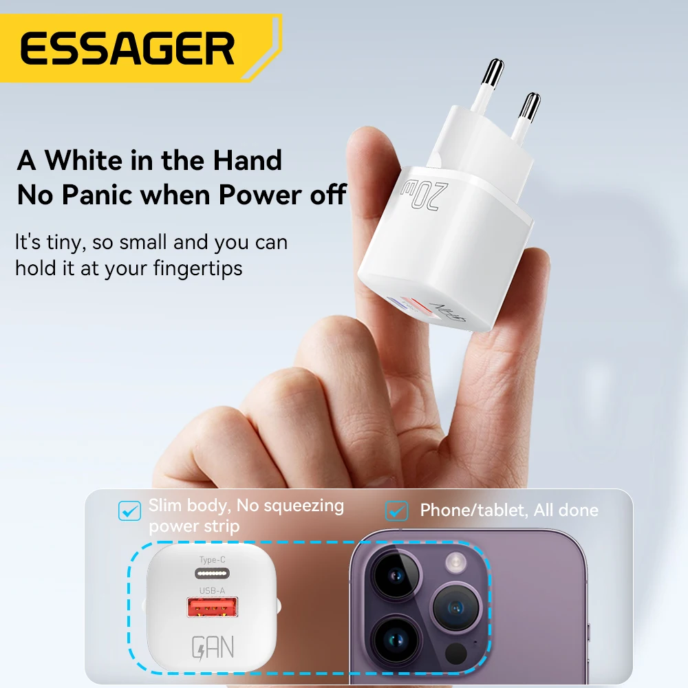 Essager 20W GaN USB Type C Charger PD Fast Charge Phone QC 3.0 Quick Chargers For iPhone 15 14 13 12 Pro Max Mini iPad Charging