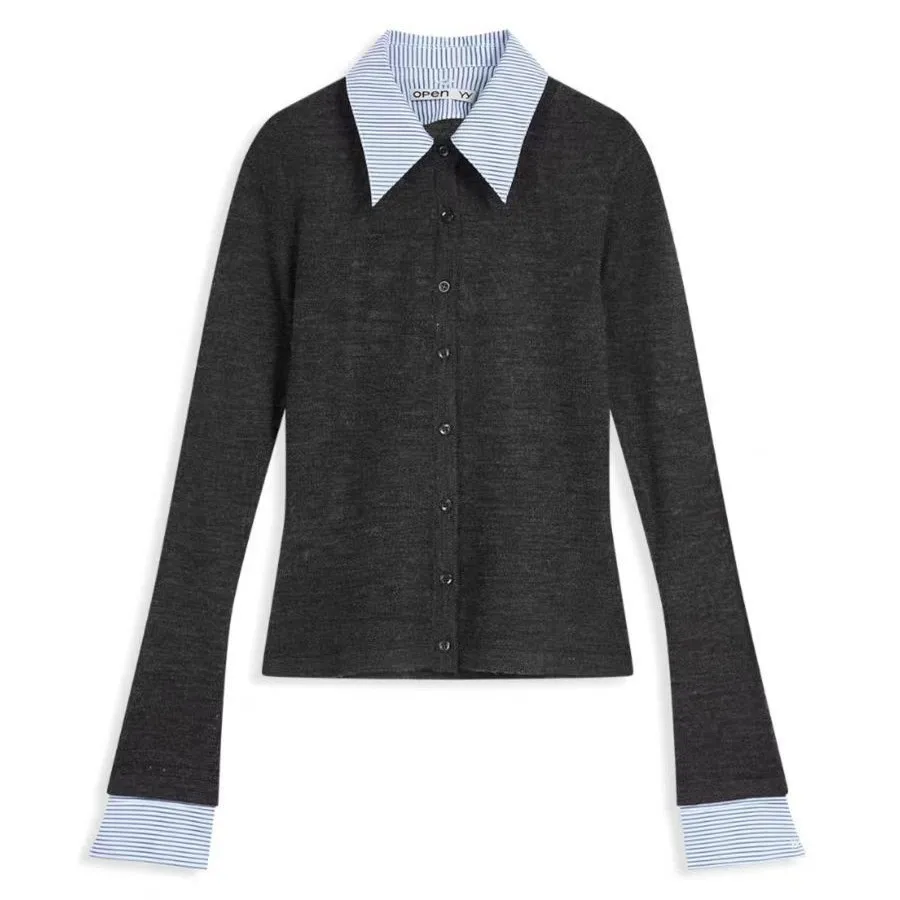 

OPEN YY knitwear 2025 fashion striped splicing fake two pieces Slim knitted cardigan sweater wool bottoming shirt