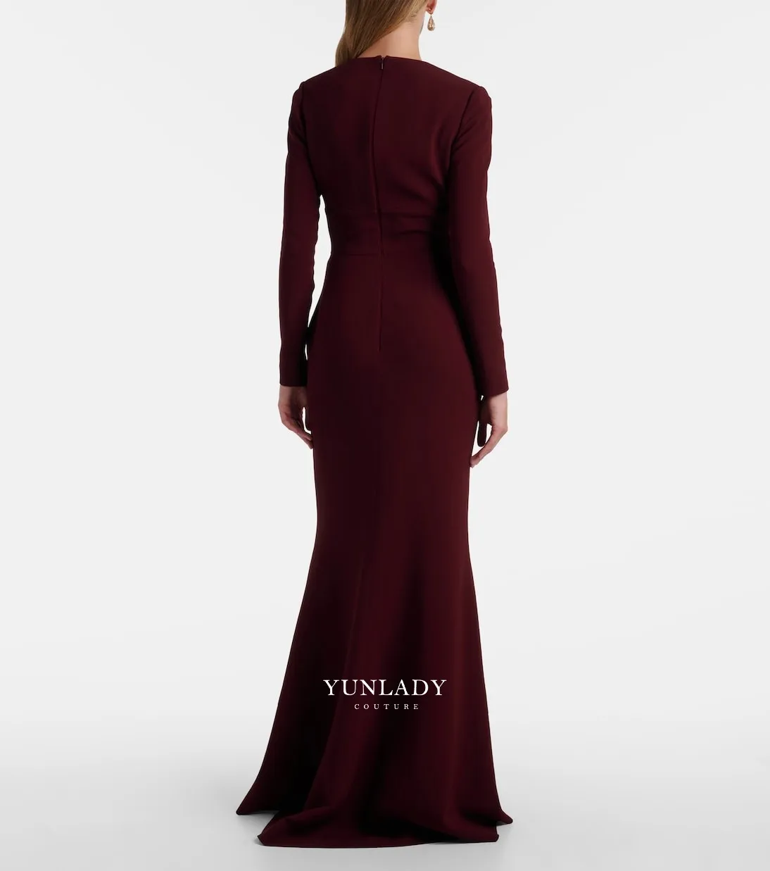 YUNLAN Vestido de noche de crepé burdeos para mamá Ocasión especial Cuello en V Elegante lazo de sirena Flores Vestido formal de cóctel para graduación