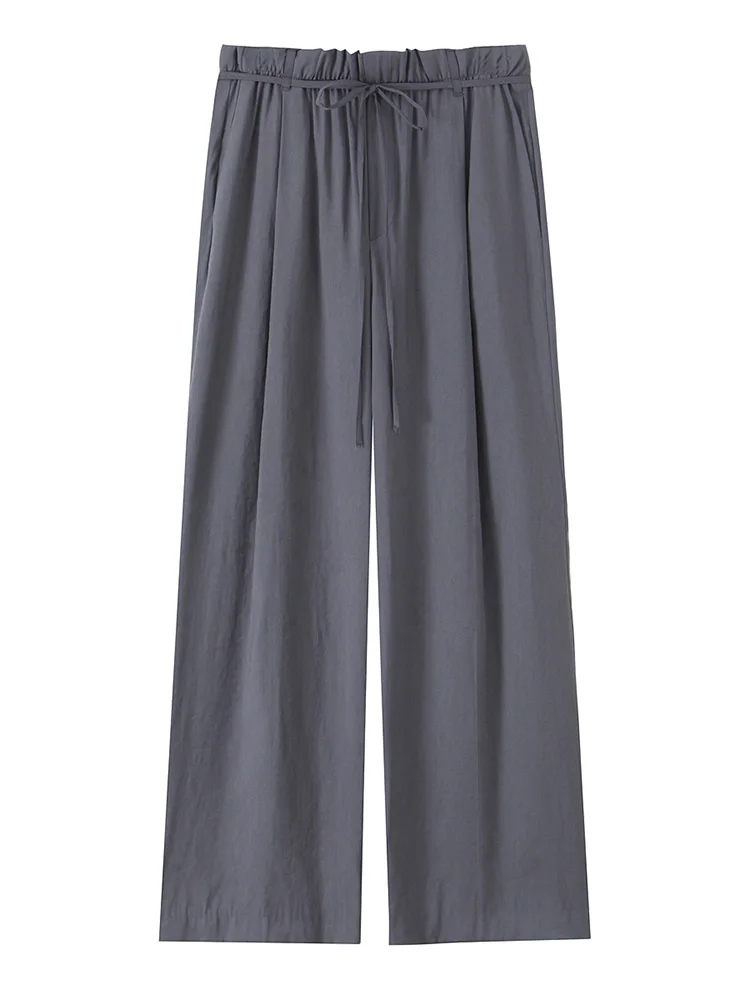 

SIYANG Women Fashion With Belt Grey Pleated Wide Leg Pants Vintage High Elastic Waist Full Length Female Chic Trousers
