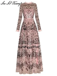 Seasixiang Fashion Designer Autumn Maxi Dress Women O-Neck Long Sleeve High quality Sequin Embroidery Vintage Floor-Length Dress