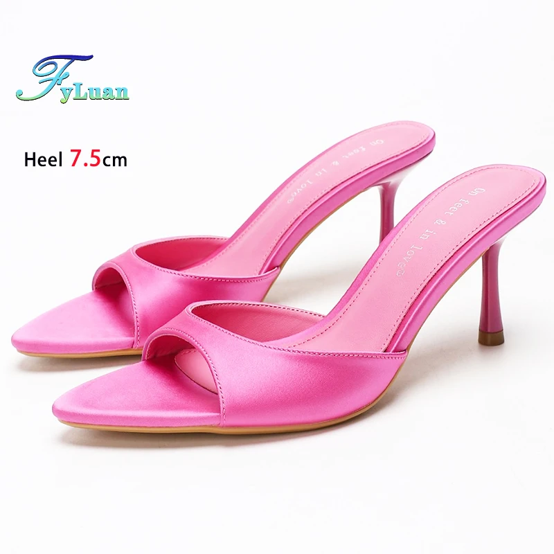 

Сексуальная розово-красная женская обувь на высоком каблуке 7,5 см, тапочки на тонком каблуке, атласные женские туфли-лодочки с острым носком, повседневная обувь на шпильке с открытым носком