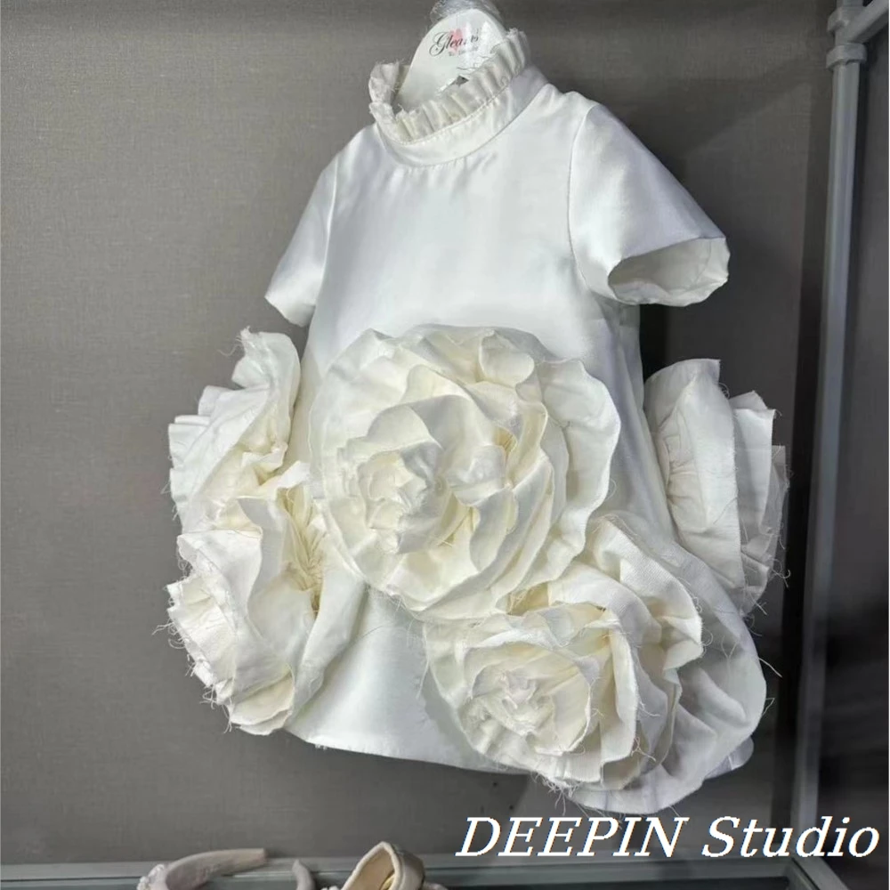 New 2025 White Pink Flower Dress Birthday Holiday Wedding Children's Clothing Party Costume Baby Girls