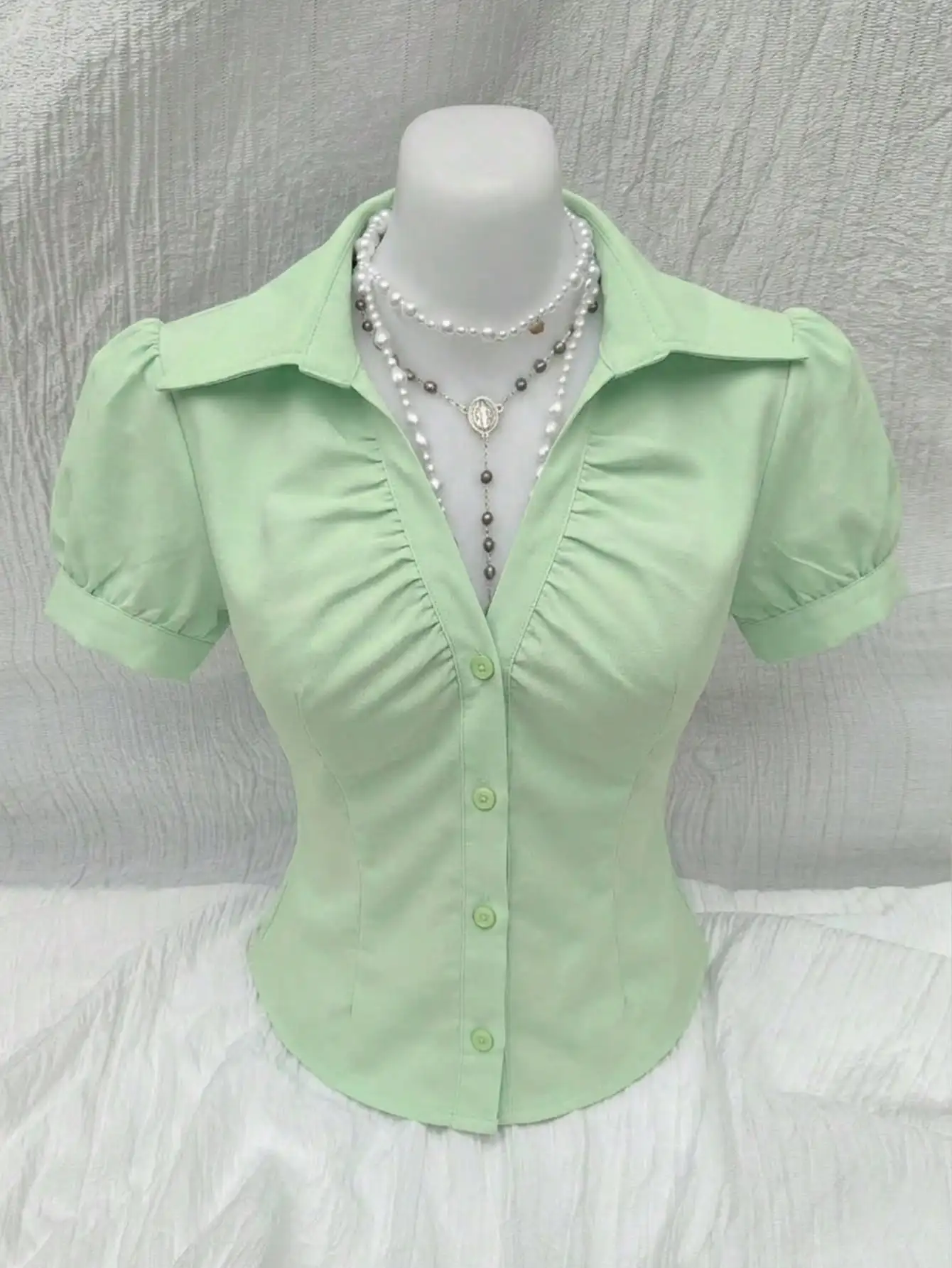 

Ruched V-Neck Fitted Short Sleeve Blouse For Women Office Casual Summer