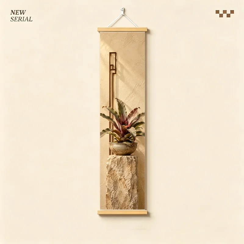Wall Decor Bromeliad and Homalomena, Natural Wabi-Sabi Botanical Silver Shimmer Canvas Hanging Scroll for Boutique Hotel