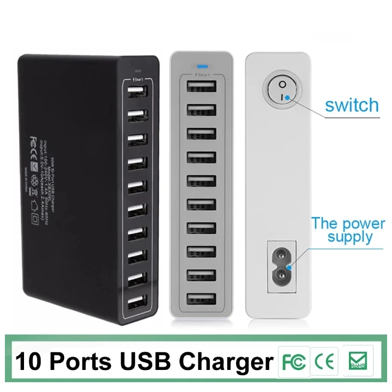 60W 10Port USB Charger Mobile Phone Charge for iPhone iPad Kindle Samsung Xiaomi Charging Station Dock Multi USB Charger Desktop