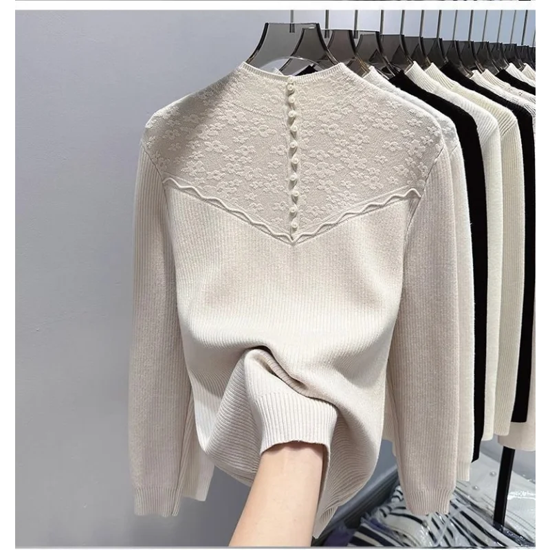 Half High Collar Women\'s Clothing Sweater Knitted Screw Thread Solid Pullover Long Sleeve Autumn Winter Lace Patchwork Tops