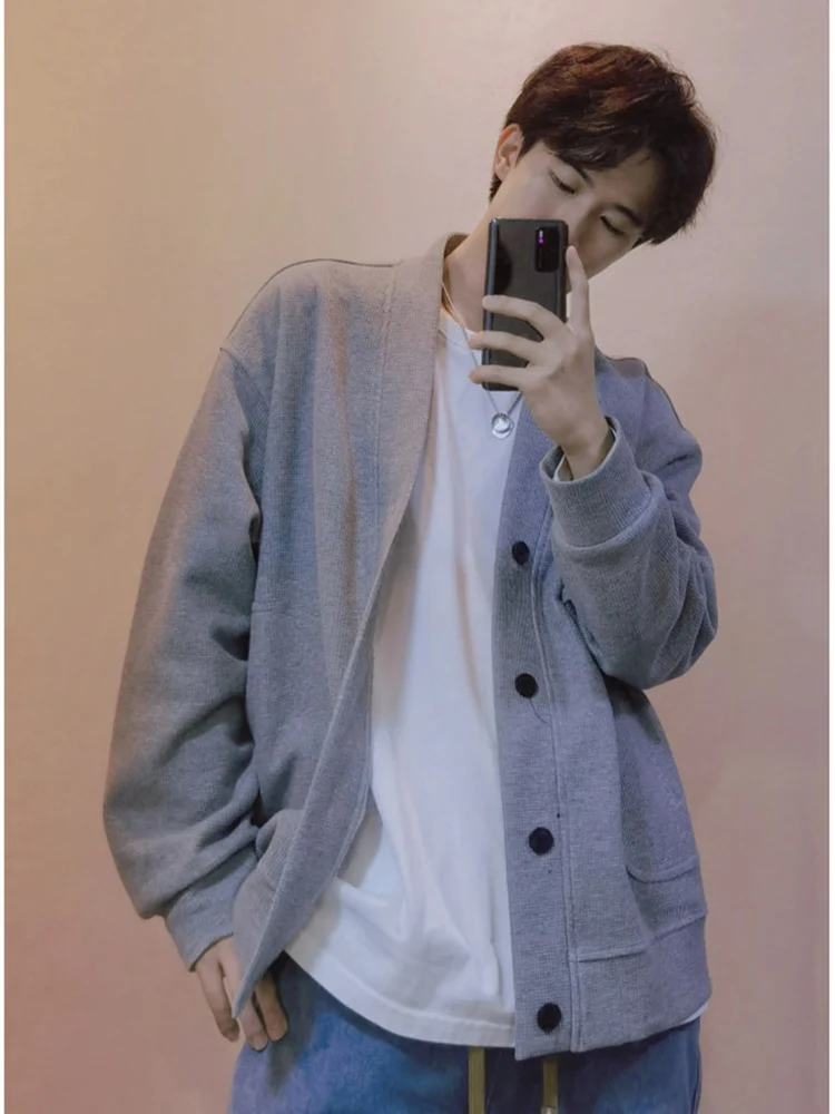 

Мужской вязаный кардиган с цветочным узором, весенне-осенний, в американском стиле, с V-образным вырезом, модный, высококачественный, ретро-свитер, повседневный стиль