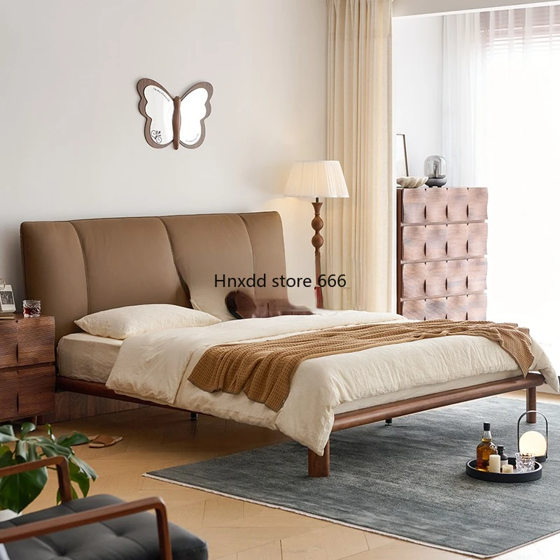 New leather bed master bedroom queen bed premium luxury solid wood bed high-end light luxury