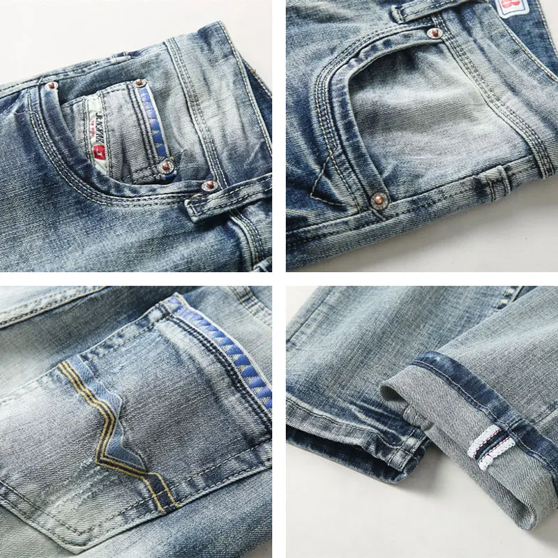 Italian Designer Fashion Men Jeans Retro Gray Blue Plain Washed Elastic Stretch Slim Ripped Jeans Men Vintage Denim Pants Hombre