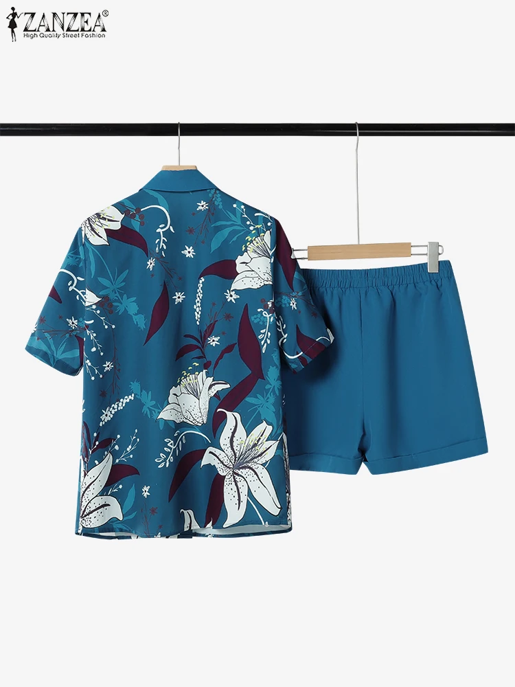 ZANZEA Elastic Waist Shorts Woman 2 Pieces Outfits Vacation Beach Casual Floral Print Short Sleeve Shirts 2025 Summer Short Sets