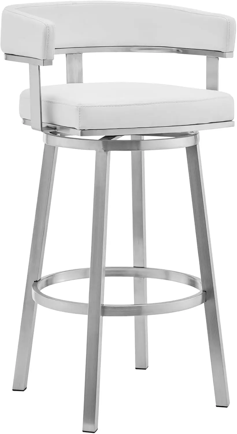 

Lorin Modern 30"" Seat Height White Faux Leather And Brushed Stainl Steel Metal Swivel Bar Stool For Kitchen Island Counter