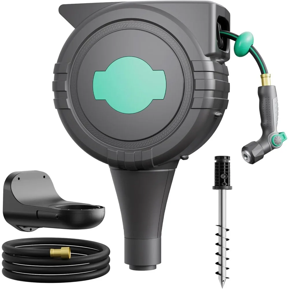 US Shipping Automatic Retractable Garden Hose Reel 1/2 Inch x 82 ft Wall Mount with 180 Swivel & Ground Spike 360 Swivel 4