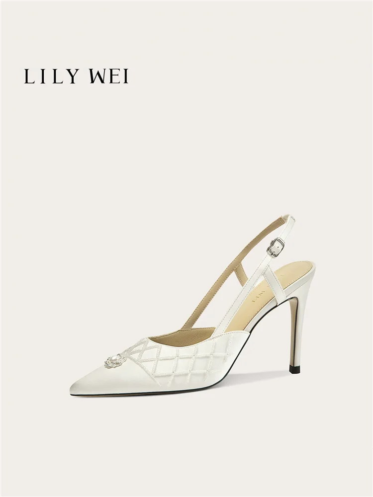 

Spring and summer new pointed shallow mouth silk beaded wedding shoes for banquets, large-sized pearl high-heeled women's sandal