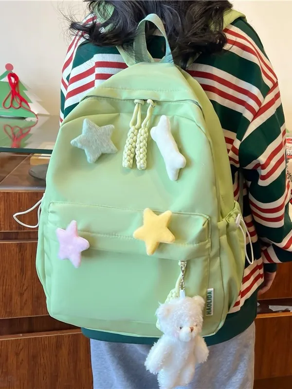 Yellow Backpack Plush Star Decor Bear Pendant Large Capacity Multi Pocket Teen Girls Student School Travel Rucksack