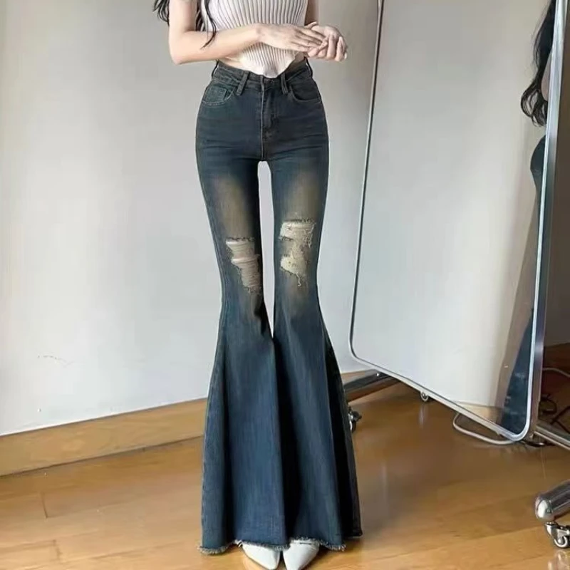Herbst-Frühling Denim-Hose für Damen, Vintage Schlagjeans, Modische Schlanke Elastische Skinny Jeans, Lässige Schlaghose
