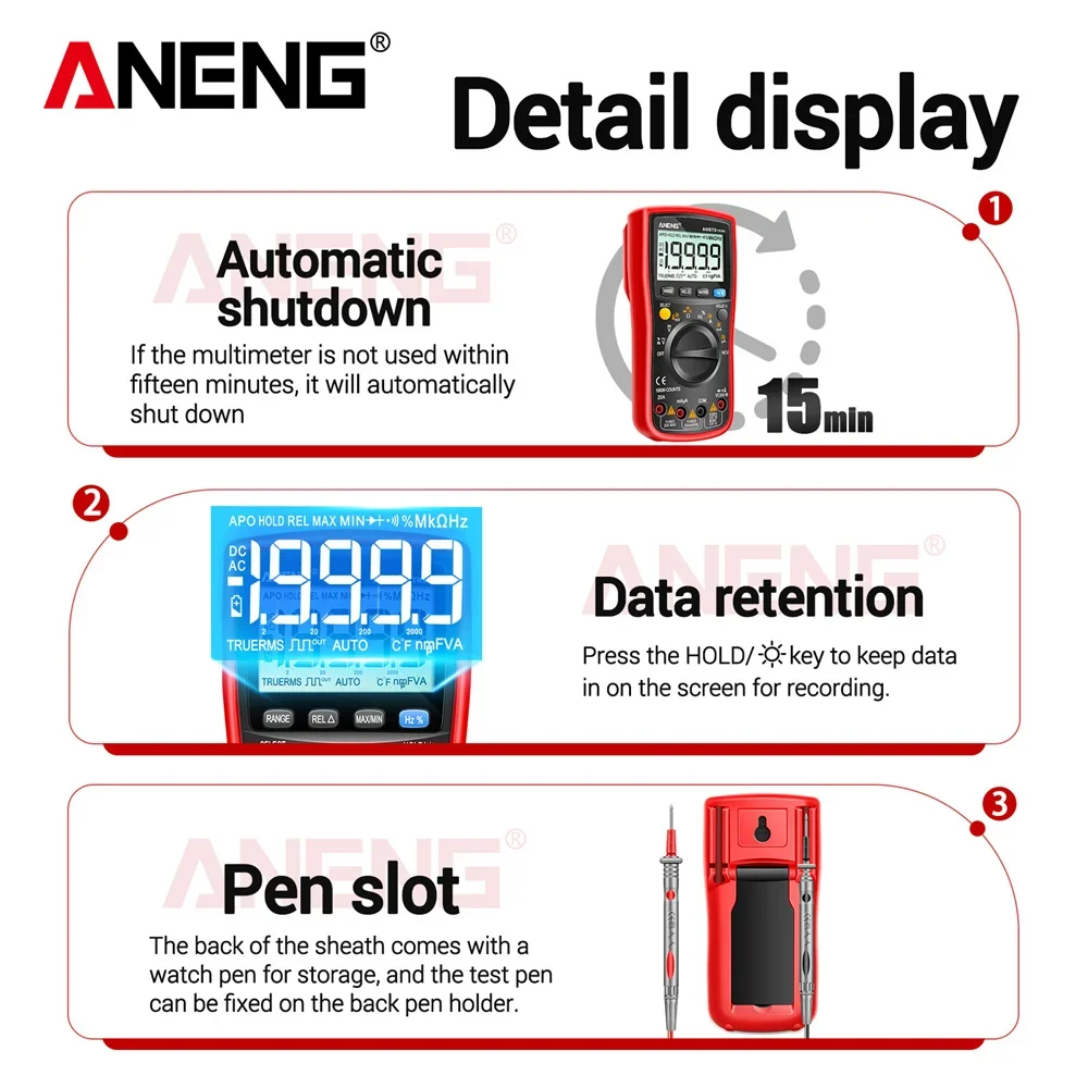 ANENG AN870 19999 Counts True RMS Digital Multimeter Manual Auto‑Range NCV AC DC Volt Current Resistance Capacitance Temp Tool view 4