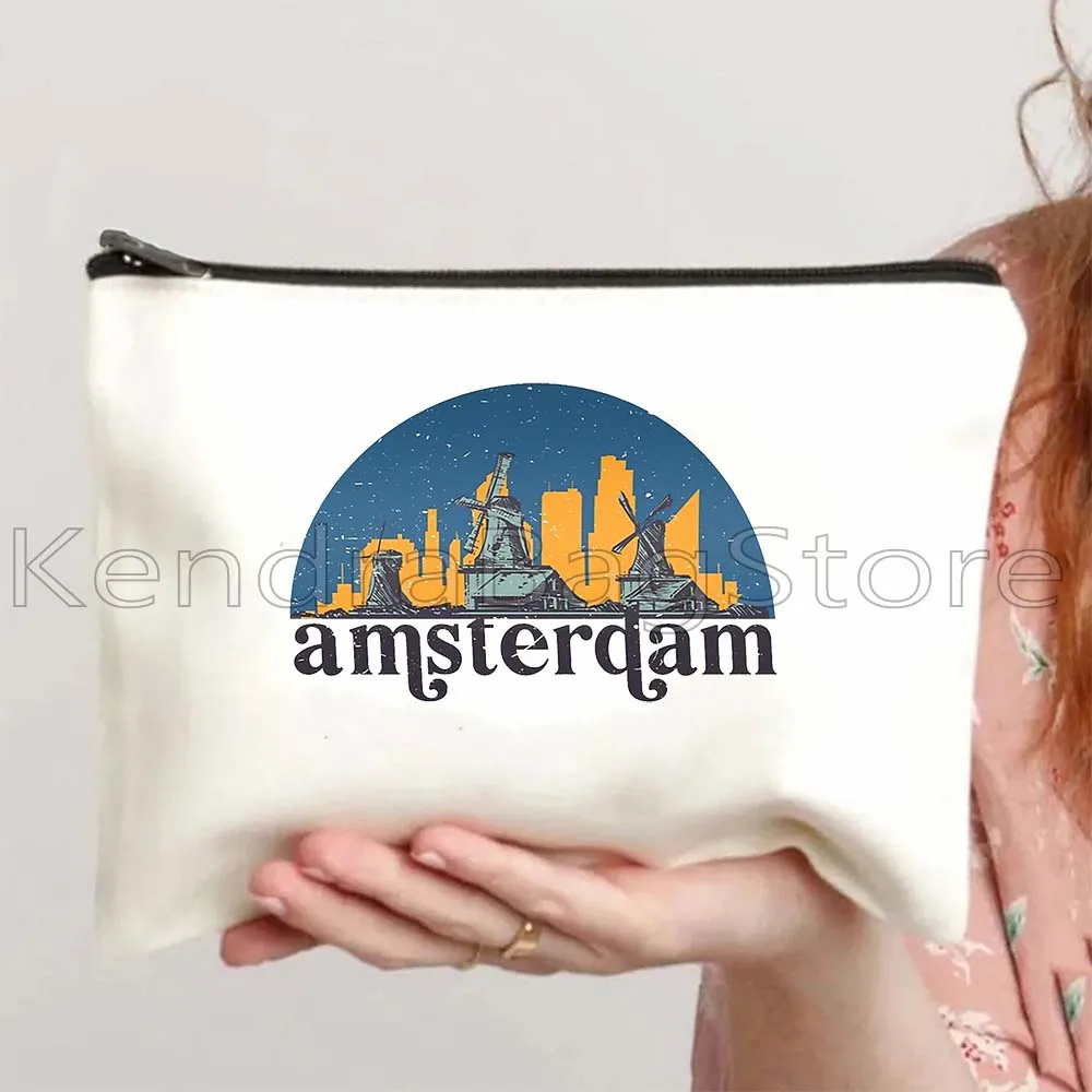 Dubai Paris New York Seoul Amsterdam London Bangkok Venice Istanbul Skyline Canvas Cosmetic Makeup Bag Pencil Case Zipper Pouch