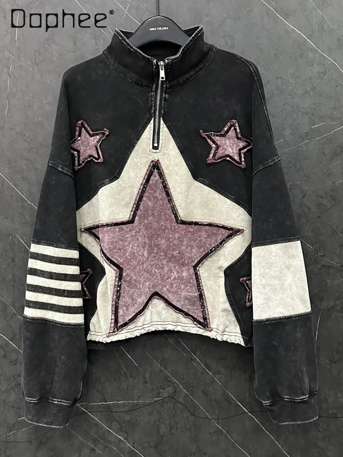 

Heavy Industry Five-pointed Star Long-sleeved Sweatshirt Women Spring and Autumn New Loose Stand-up Collar Short Top Black Gray