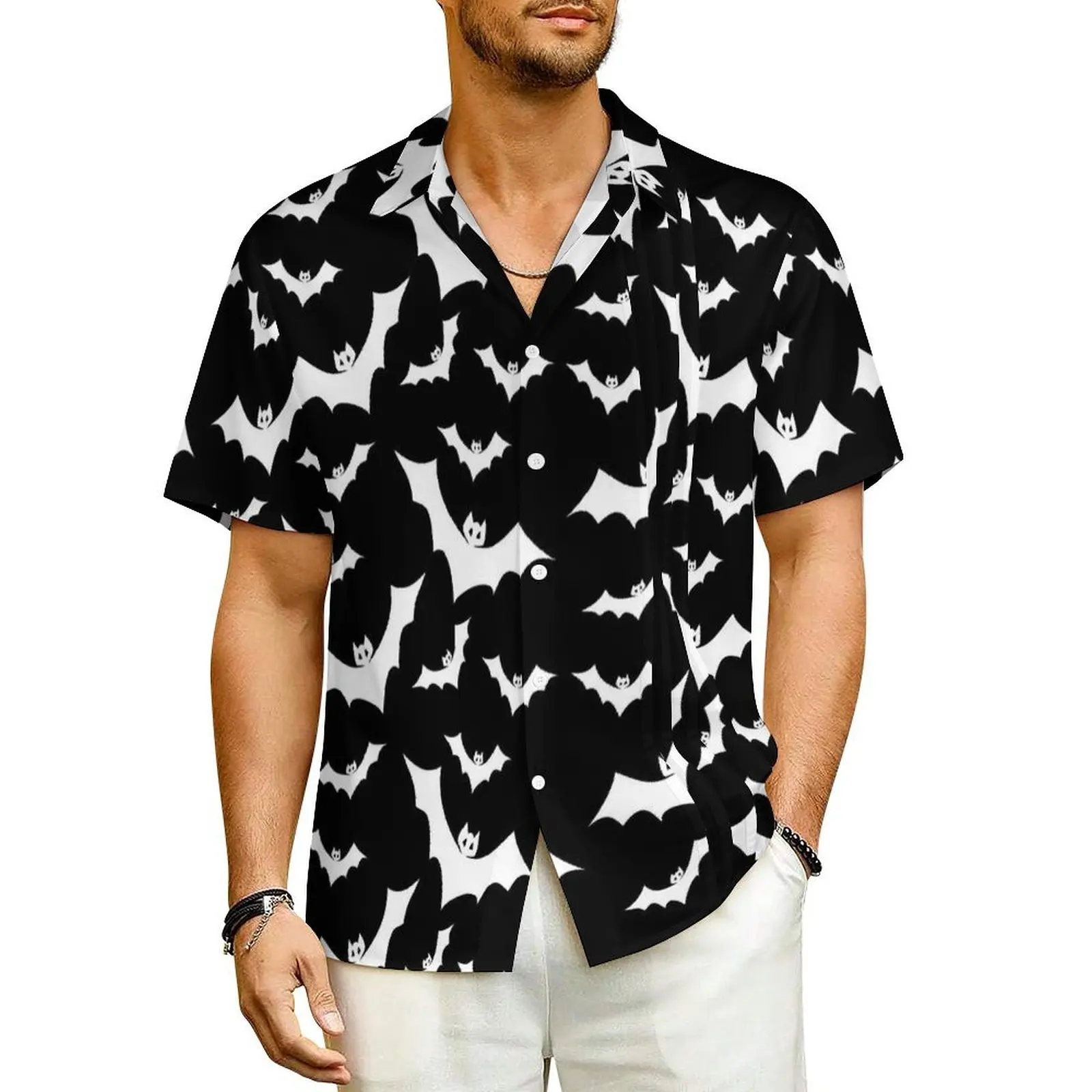 

White Bat Beach Shirt Goth Vampire Animal Hawaii Casual Shirts Men Classic Blouses Short Sleeve Streetwear Custom Top