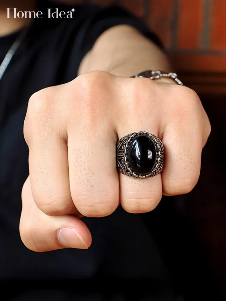 Gothic Men Black Agate Rings 925 Sterling Silver Vintage Floral Rings Diamonds Party Fine Jewelry Ring