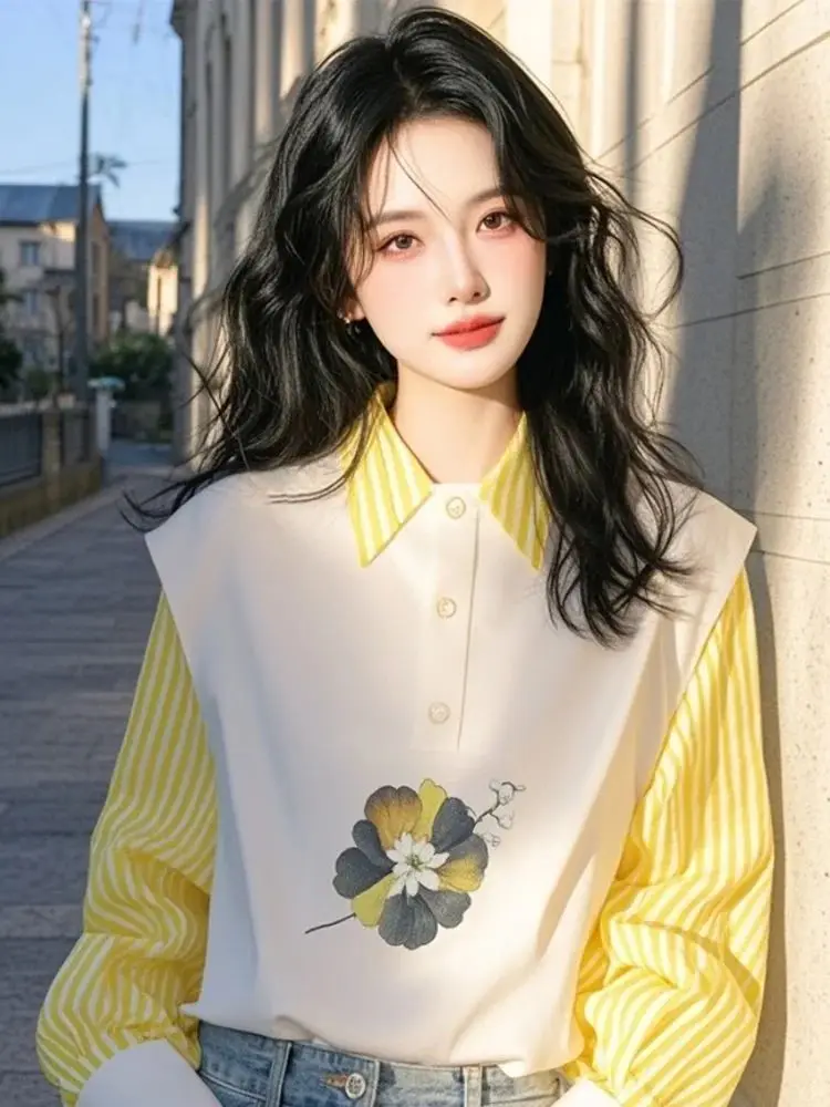 

Yellow Lapel Neck Striped Patchwork Shirt Women Autumn Fashion New Tops Mujer 2025 All-match Two Piece Shirts & Blouses