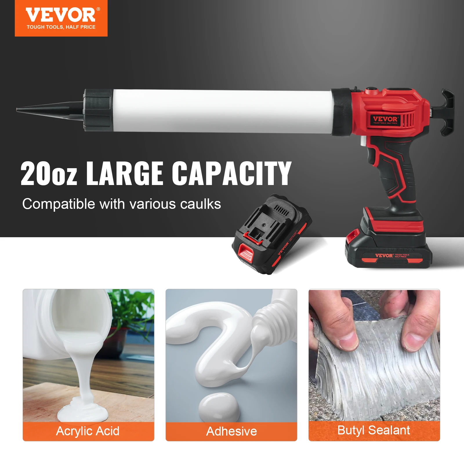 VEVOR Cordless Caulking Gun Electric Sausage Caulking Gun Adjustable Speeds Anti-Drip Battery Caulking Gun for Filling Sealing