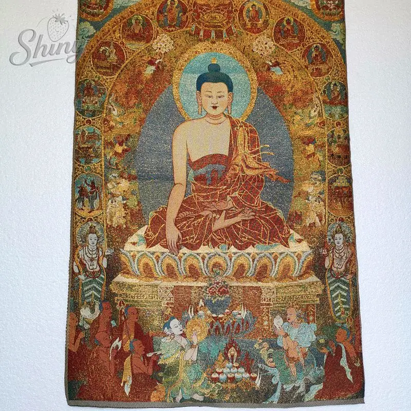 35.4″ Sakyamuni Buddha Brocade Tibetan Tangka Embroidery Painting Gold Thread Embroidery Decorative Hanging Pictures