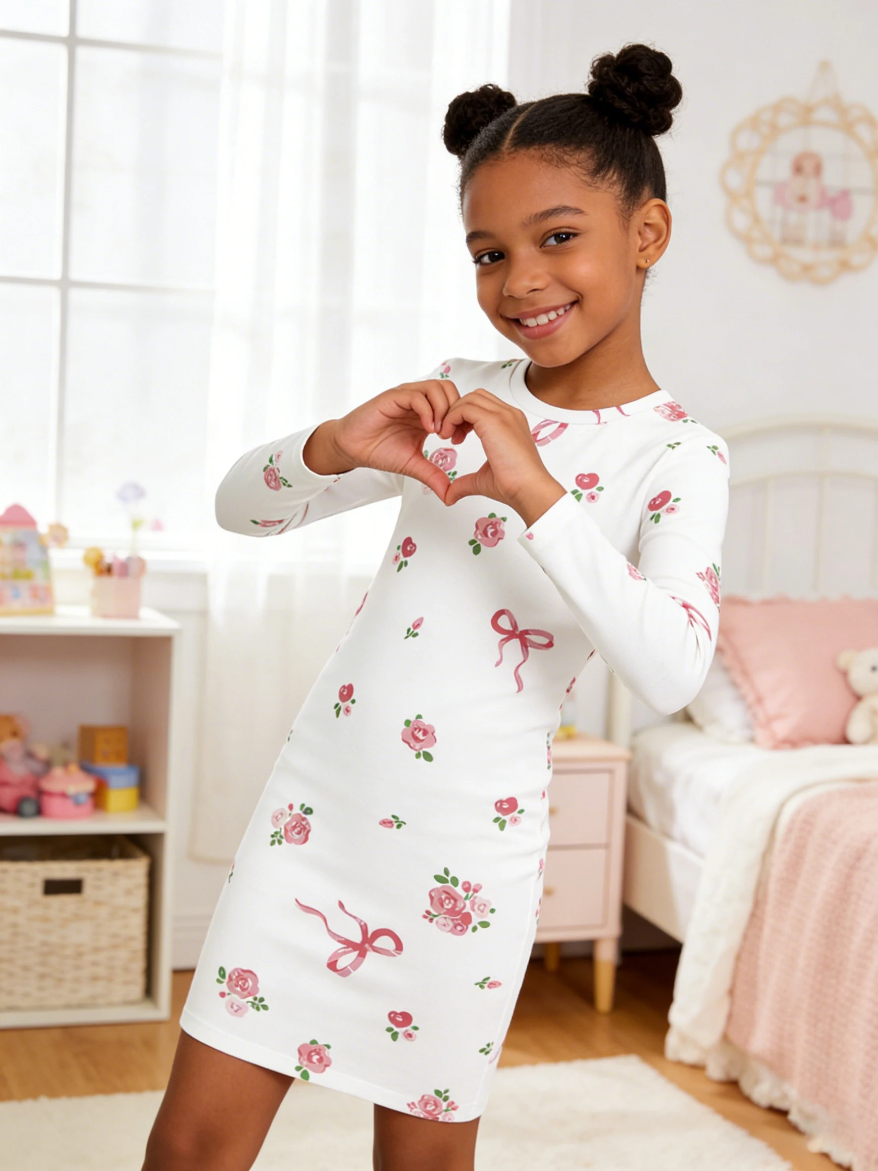 

2026 girls white bottom pink tone small rose bow print long sleeve slim dress