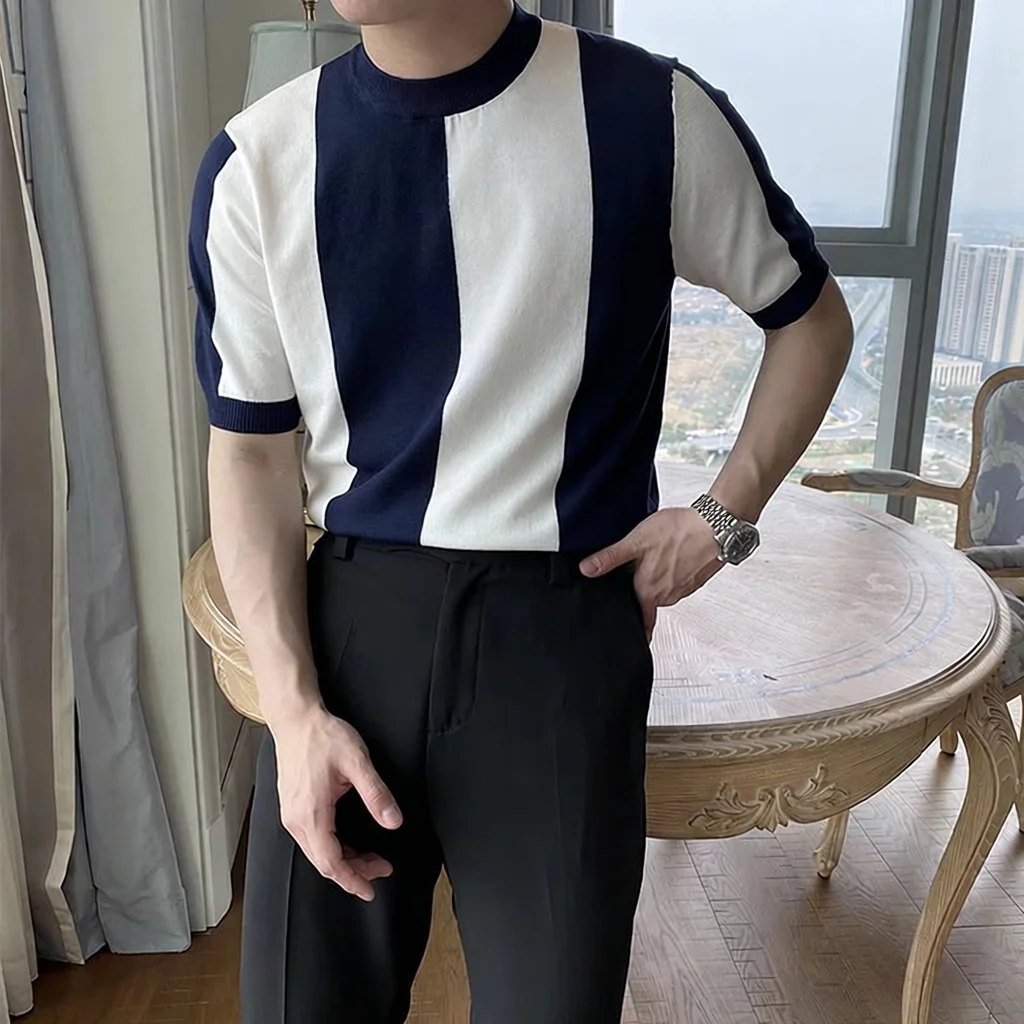 

Fashionable Ice Silk Short Sleeve T-Shirt Knitted Casual Slim Fit Men's Top Trendy Stripe Knitwear Comfortable Regular Fit
