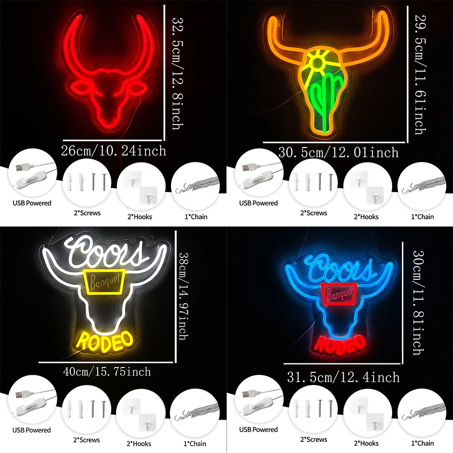 Rodeo Led Neon Sign, 3D Carved Texas Longhorn Icon, Suitable For Bars, Western-Style Restaurants, Holiday Parties, Club Decor.