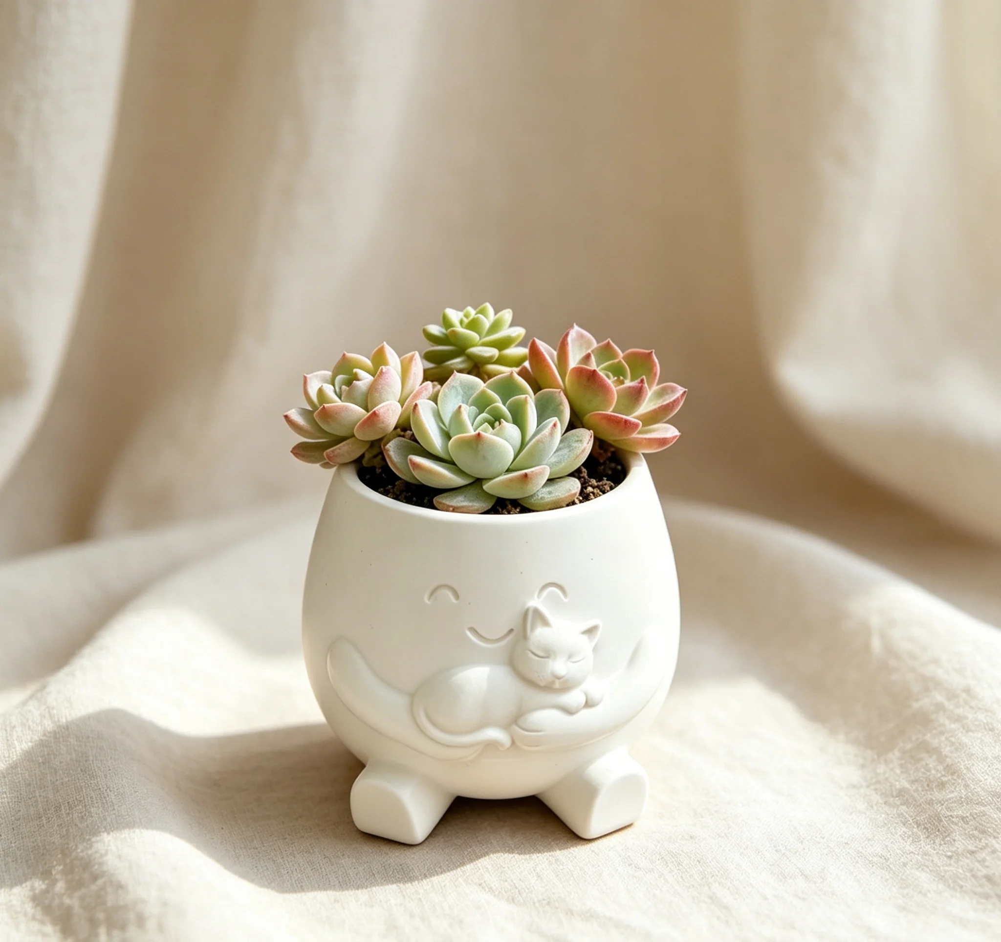 Mini Cat Planter, Round Succulent Vase, Cute Plant Container, Home Table Decor, Kawaii Desktop Ornament, Gift for Plant Lover