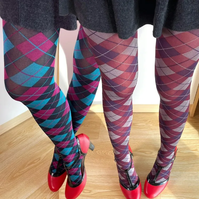 

Japanese Wine Red Diamond Plaid Pantyhose Women British Style Wine Red High Elastic Leggings for Women JK Thigh High Stockings