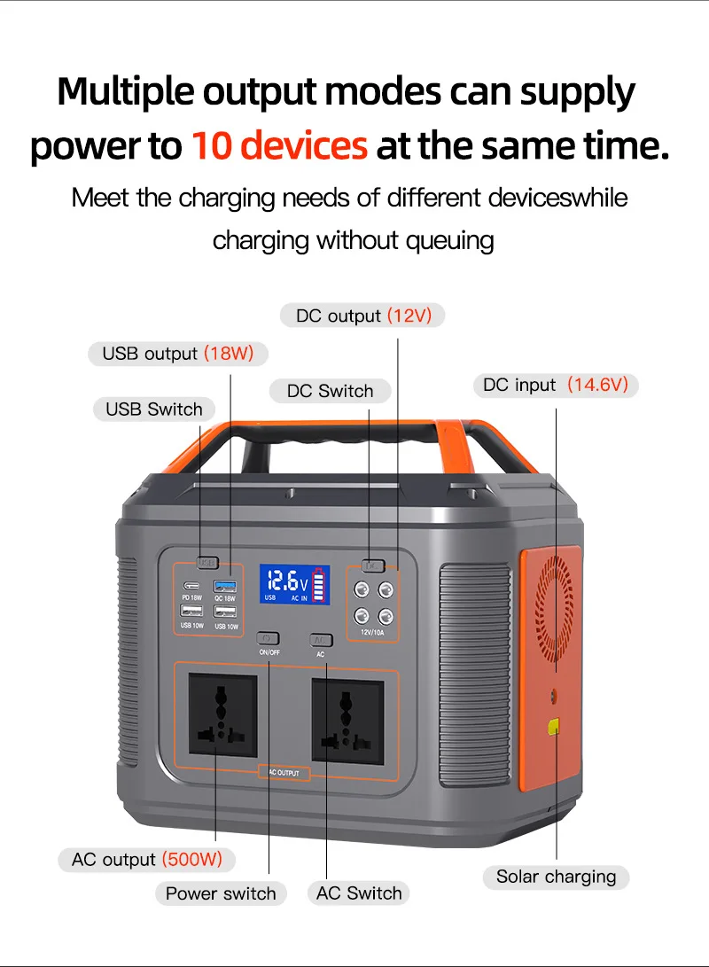 200/300/400/500W Portable Solar Power Station Sine Wave Home Outdoor Solar DC*4 USB*4 Mobile High Power Supply Solar Generator