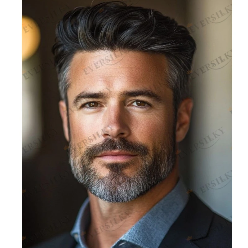 Microskin Men's Wig Natural Hairline #1B80 Gray Wave Human Hair Men Toupee Full Skin 0.02mm Super Invisible Ultra Thin Male Hair image 5