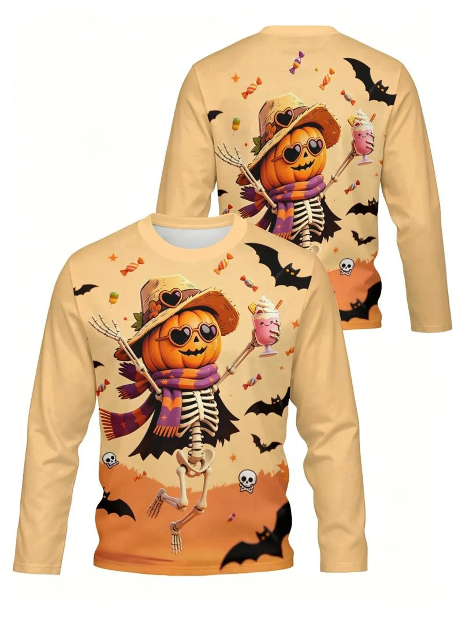 Men Halloween Crewneck Sweatshirt, Pumpkin Head Skeleton Bat Candy Print Polyester Pullover