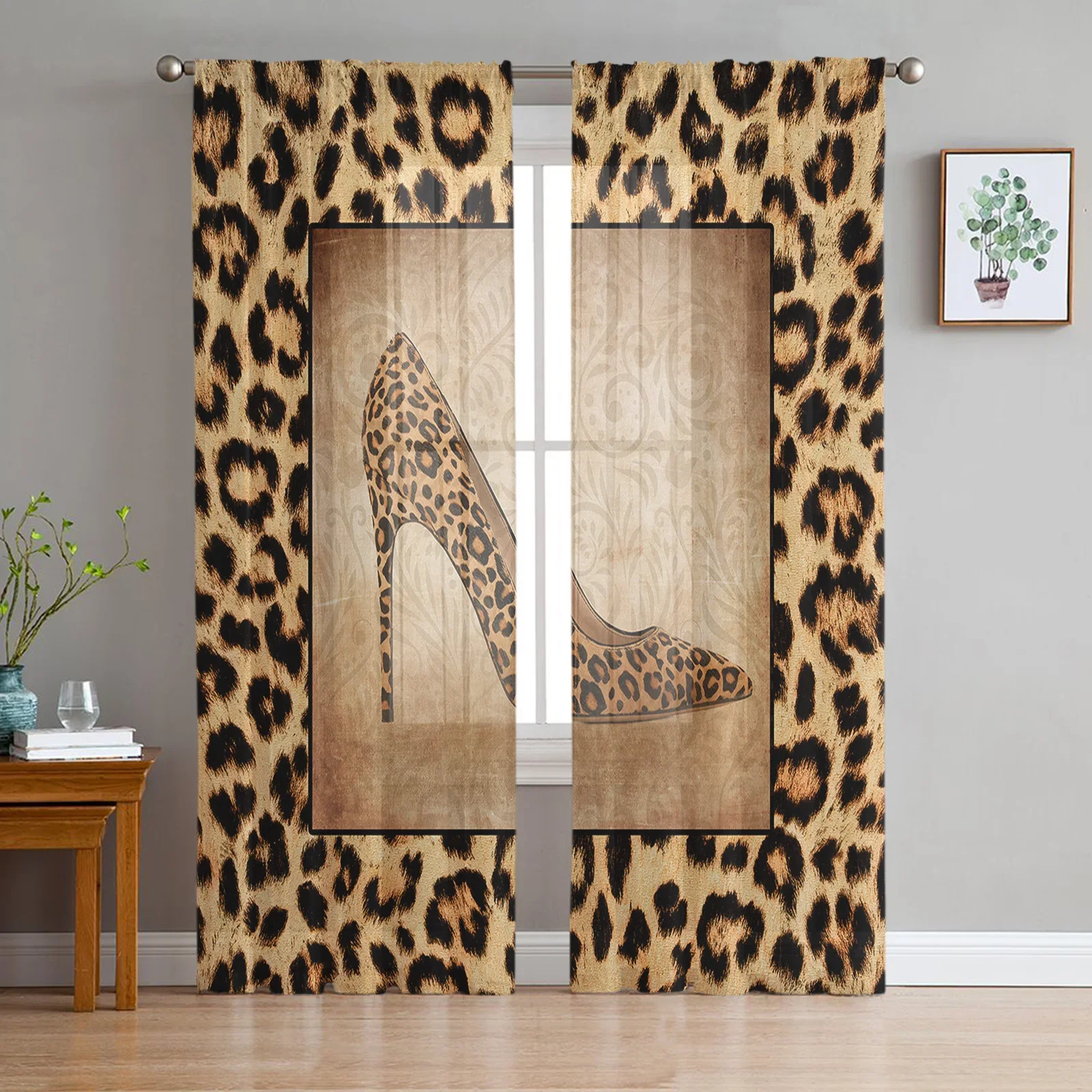 Cortinas transparentes de salto alto com estampa de leopardo para decoração de sala de estar, cortinas de janela para cozinha, tule voile, organza