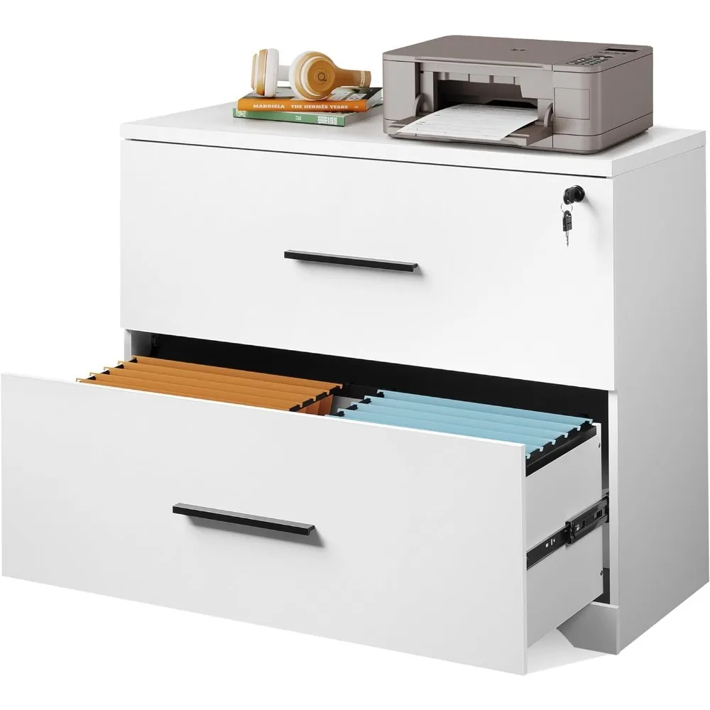 

DEVAISE Деревянный боковой шкаф для документов с 2 ящиками и замком для домашнего офиса, белый