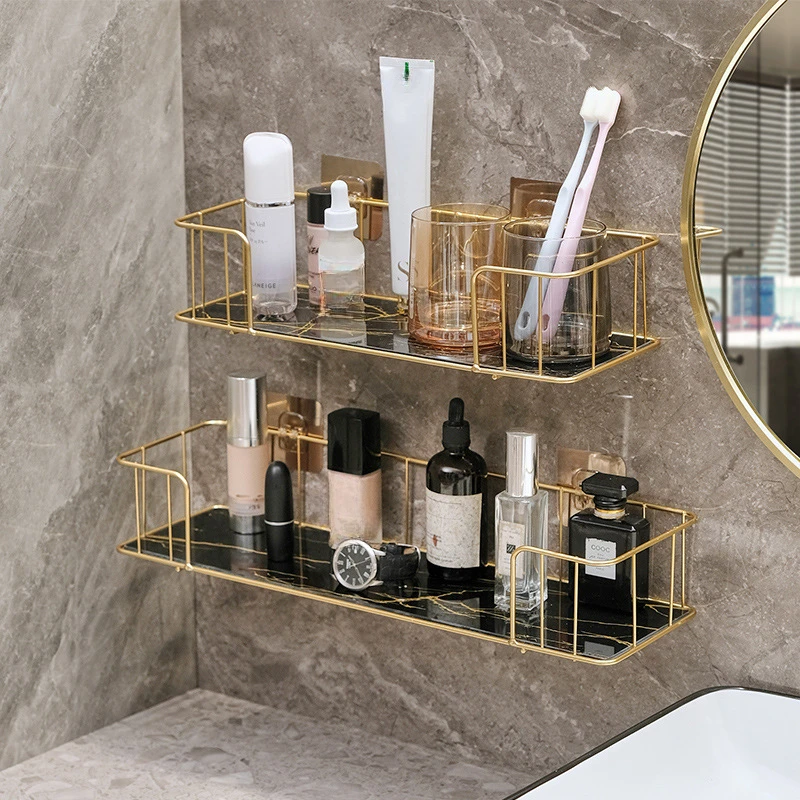 Luxuriöses Badezimmerregal ohne Bohren, Eisen-Wandregal mit Glasplatte im Marmor-Stil, Make-up-Aufbewahrungsregal, Badezimmer-Accessoires