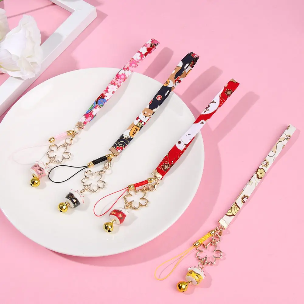 Phone Strap Anti-lost Lanyard Japanese Lucky Cat Bell Sakura Phone Lanyard Cute Daisy Flower Cat Bell Cell Phone Hang Rope