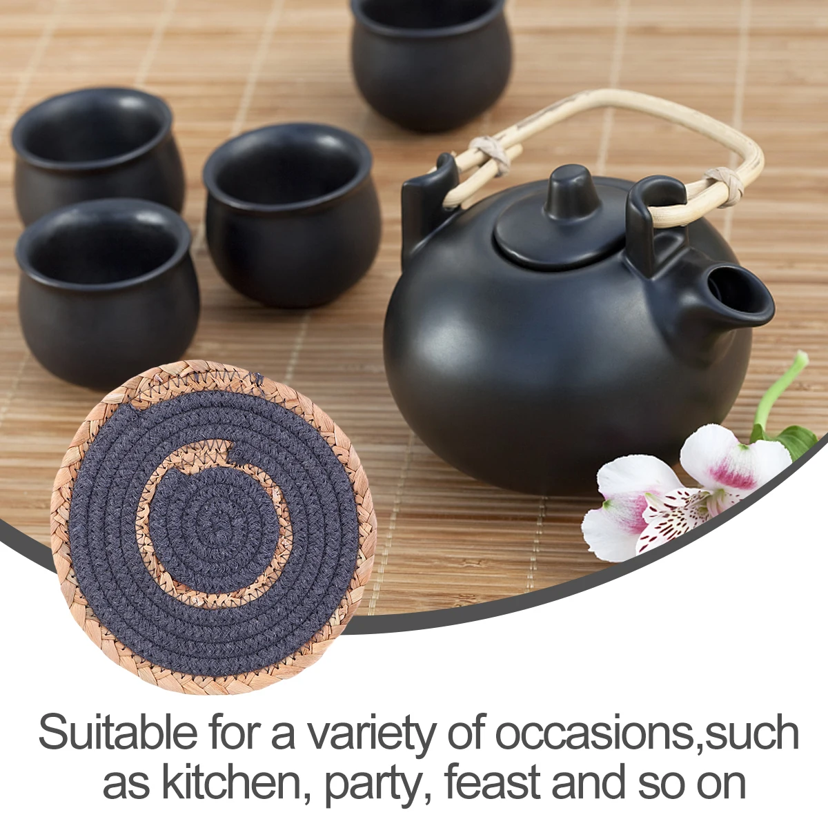 

4Pcs Straw Placemat Natural Cotton Round Table Mat Heat Insulated Waterproof Pad for Kitchen Dining Party Japanese Style