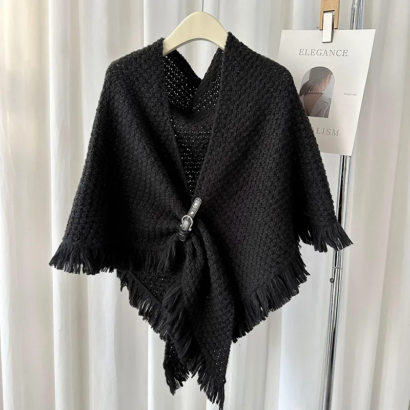 Mantello Poncho nuovo mantello nappa autunno inverno con scialle Versatile calore addensato sciarpa annodata tinta unita e canotta verde