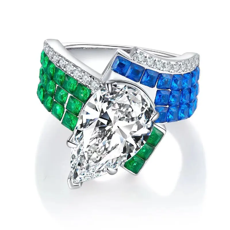 

KQDANCE 925 Sterling Silver Full Diamond Water Drop Blue Green Luxury Fashion Ring Fine Jewelry For Women Party Gifts