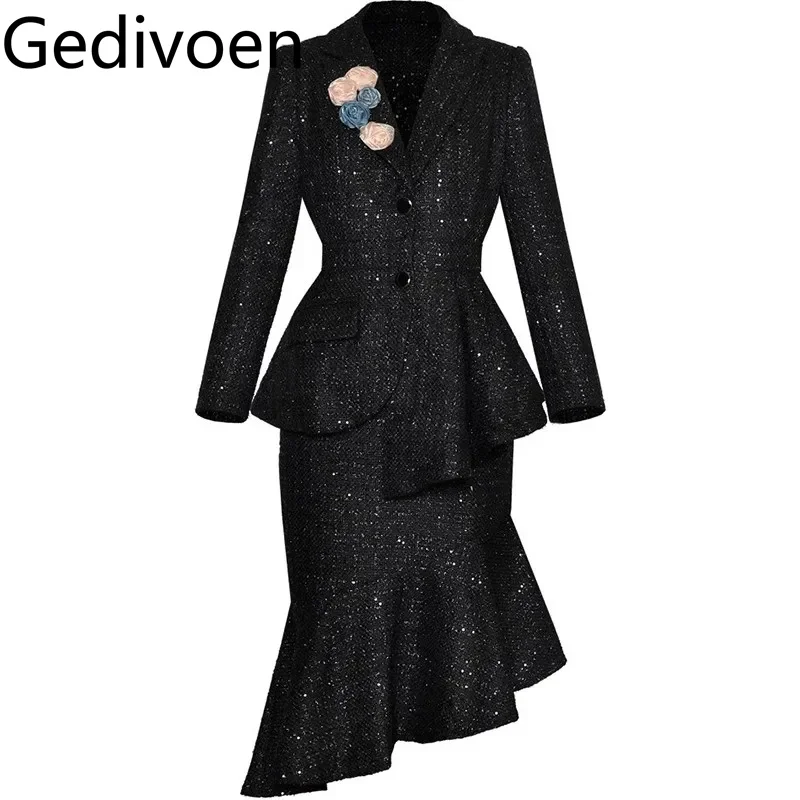 Gedivoen Autumn and Winter Women's Suit Appliques Single-Breasted Asymmetrical Tops+Slim Mermaid Skirt Sequins 2 piece set