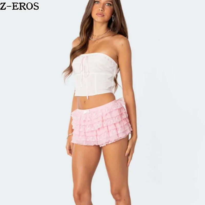 Z-EROS Multi layered Cake Stacked Short Skirt Pants Spicy Girl Sexy Fashion Lace Skirt Pants Y2K Style Spring/Summer Skirt Pants