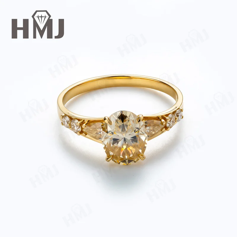 Genuine 18K Gold Ring 2ct 7x9mm Oval Cut Moissanite Diamond D White Champagne Color Classical Proposal Wedding Band Charms Gifts