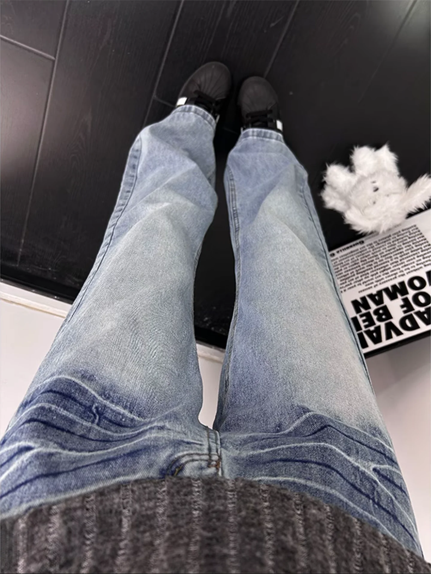 Wanku Men's High Street Cleanfit Heavy Wash Straight Leg Jeans Micro Flared Denim Pants Water Washed Durable Straight Tube Pants