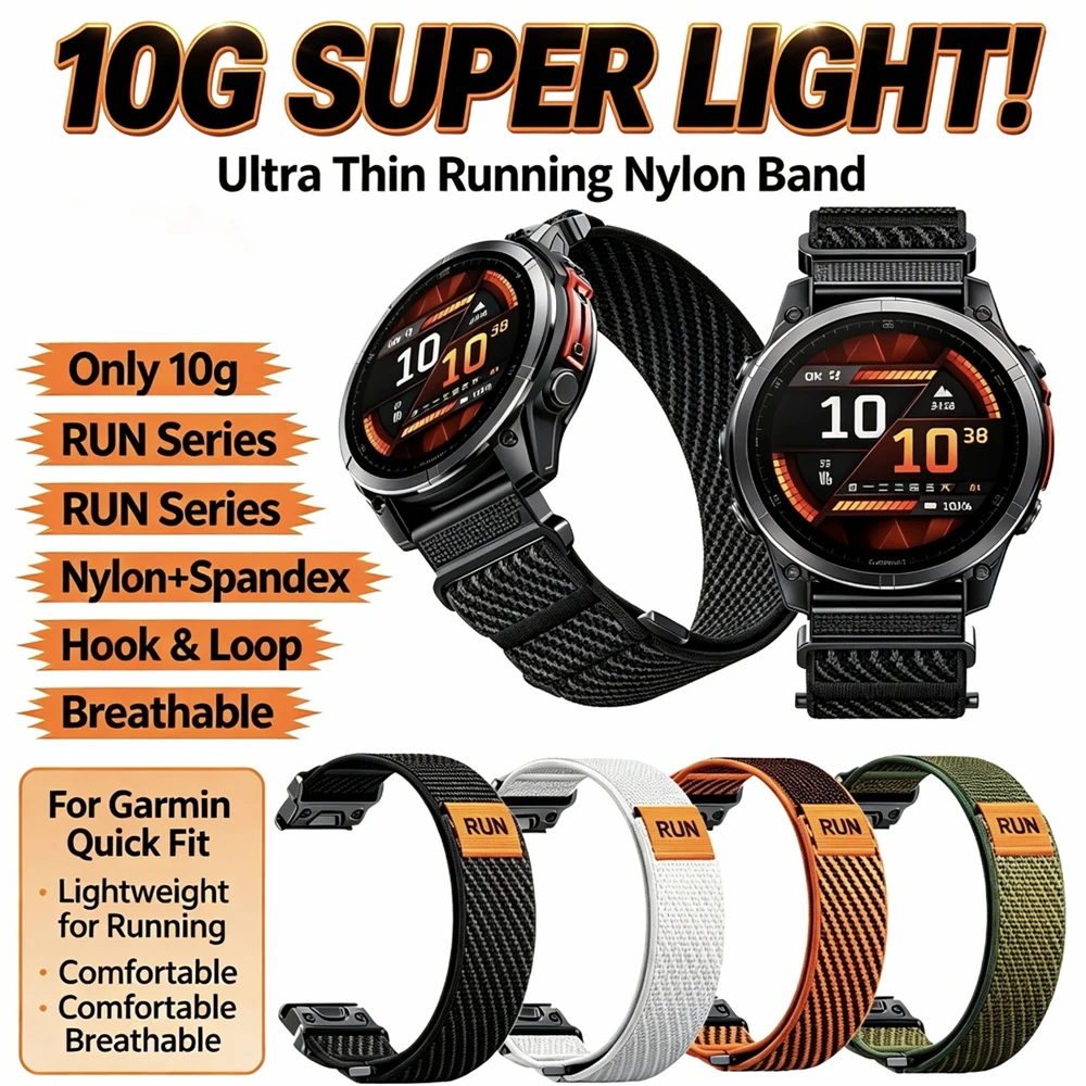 10G Superleichtes Nylon-Spandex-Uhrenarmband mit Klettverschluss für Garmin Fenix 5 6 7 7Pro 8, Tactix, Epix, Instinct 1/E/2/2X/3