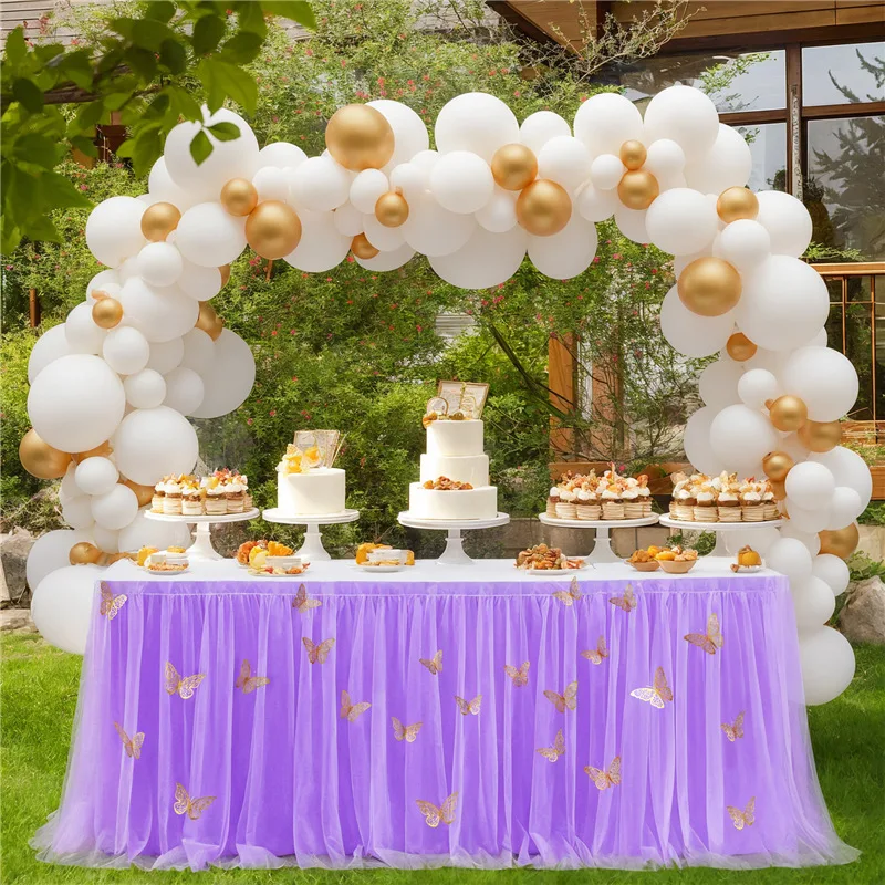 Falda de mesa de mariposa púrpura para Baby Shower, tutú de tul para fiesta de cumpleaños, 9 pies