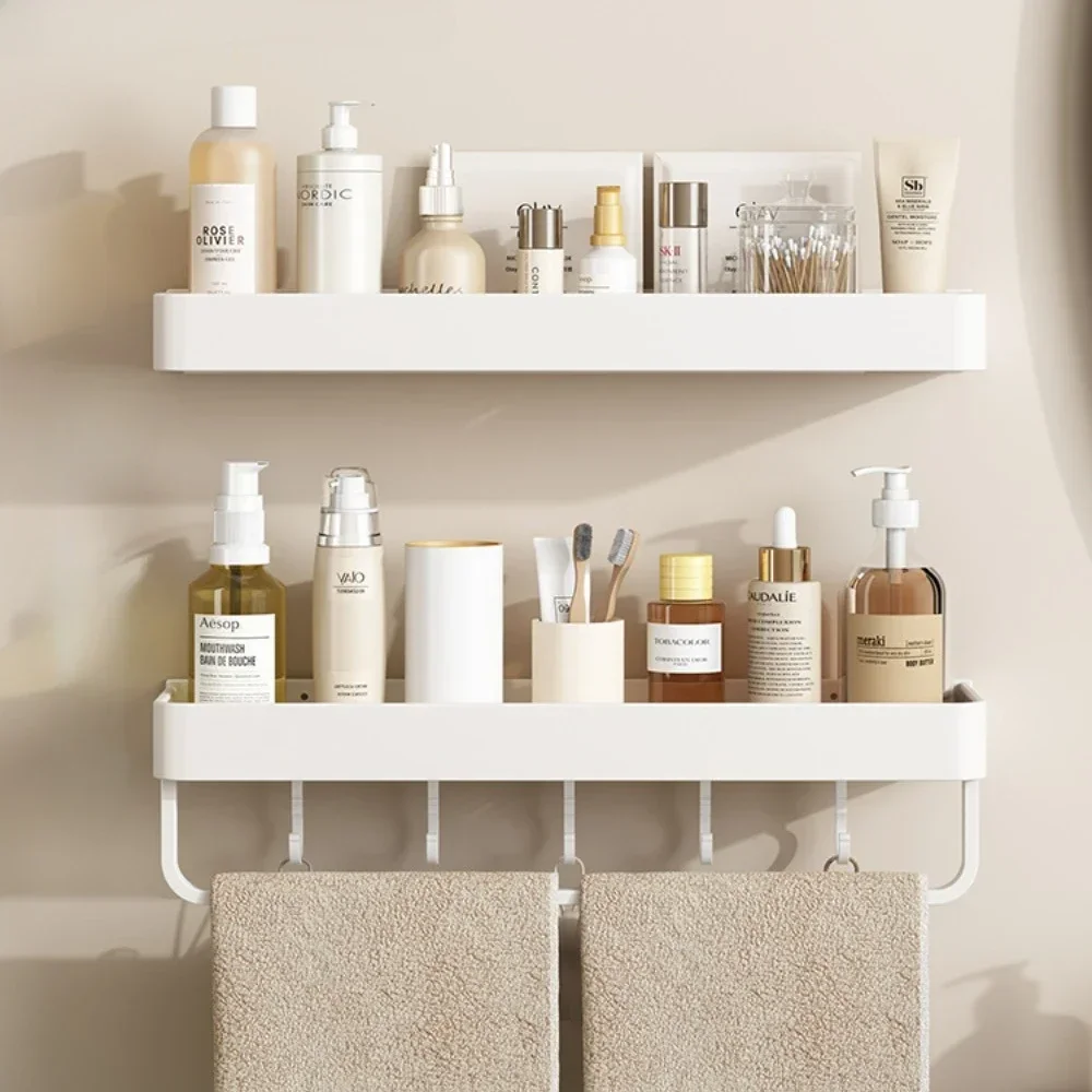 Bathroom Accessory Shelf Cream Kitchen Organizer Wall Mounted Shower with Hooks and Rod Toilet Shower Gel Collection Shelf